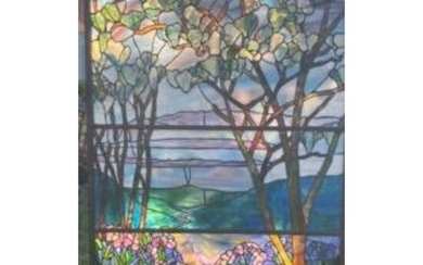 Signed Tiffany Studios Stained Glass Window.