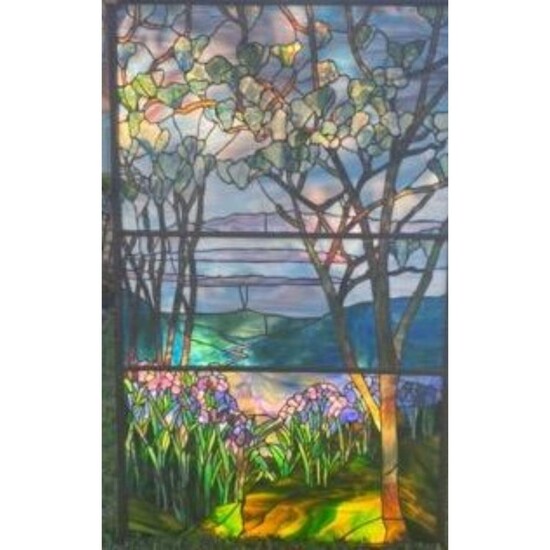 Signed Tiffany Studios Stained Glass Window.