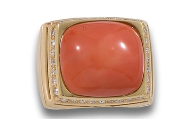 RING, SEAL TYPE, CORAL CABOCHON, DIAMONDS, YELLOW GOLD