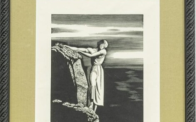 ROCKWELL KENT WOODCUT ON WOVE PAPER, GIRL ON CLIFF