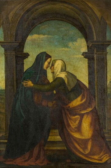 Raffaello Gianni, Italian, 19th century- Visitation, After Mariotto Albertinelli; oil on canvas, signed and inscribed on the reverse, bears indistinct inscription on the reverse, 142.5 x 98 cm. Provenance: Private Collection, UK. Note: A...