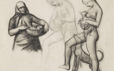 Randolph Schwabe RWS LG NEAC, British 1885–1948 - Ladies & Dogs study; charcoal and pencil on paper, signed lower right 'R Schwabe', 46.2 x 61.2 cm