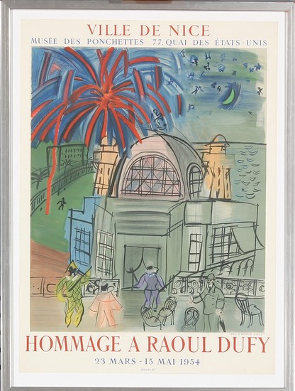Raoul Dufy: “Ville de Nice - Hommage a Raoul Dufy 1954”. Exhibition poster. Lithographic print in colours. Sheet size 69×49.5. Frame size 77,5×57 cm.