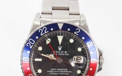 Rare 1960s gentlemen's Rolex Oyster Perpetual GMT-Master stainless steel wristwatch, model 1675, serial number 1798453, circa 1965-1966, the matte black dial with luminous hour markers and date ape...
