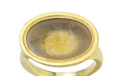 Ring Yellow gold, Ancient Roman agate intaglio of Pegasus in vintage 20kt gold setting as a ring.