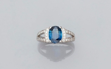 Ring ring in white gold, 750 MM, adorned with an oval sapphire weighing 2.70 carats between two diamond motifs and smooth gold, size: 54, weight: 5.5gr. rough.