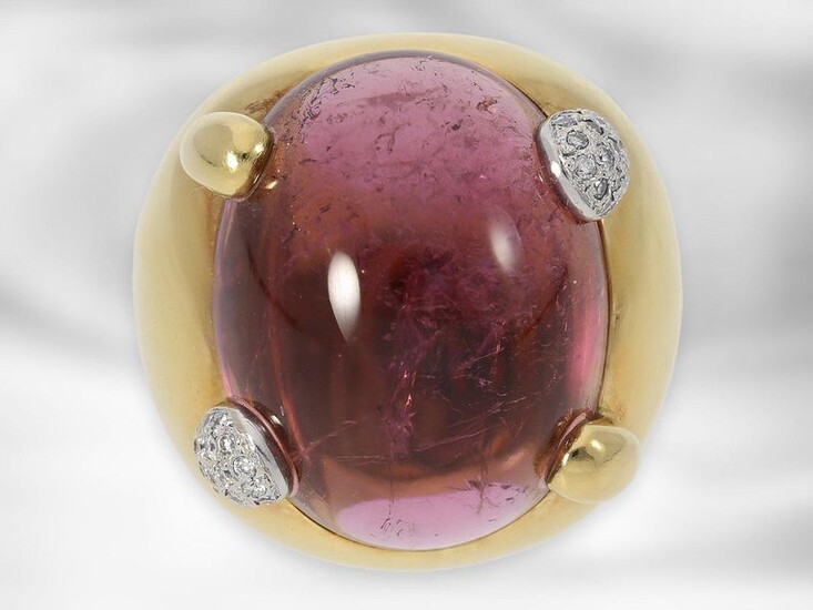 Ring: very beautiful, heavy designer ring with extraordinary large tourmaline cabochon and diamonds, ca. 40ct, 18K yellow gold