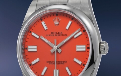 Rolex, Ref. 124300 A desirable and attractive stainless steel wristwatch with center seconds, red dial, bracelet, guarantee and presentation box