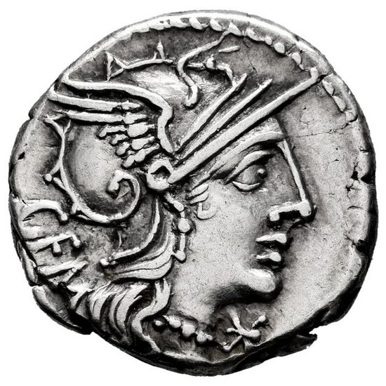 Roman Republic. M. Aburius M.f. Geminus, 132 BC. AR Denarius,Rome mint - Sol driving quadriga. M.ABVRI
