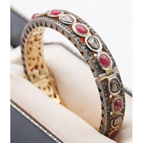 Ruby and Diamond Inset Ladies Bangle Mounted on Gilded Silve...