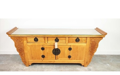 SIDEBOARD, Chinese elm with three drawers above two cupboard...