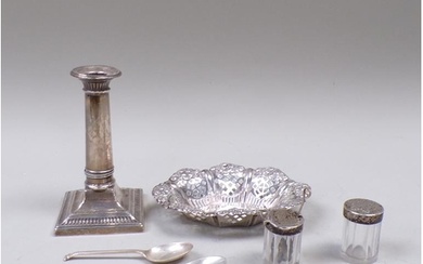 SILVER CANDLESTICK, TWO SPOONS, PIERCED DISH, SALT AND PEPPE...