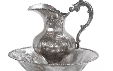 SPANISH JUG AND BASIN IN SILVER, MID 20TH CENTURY.