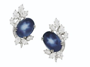 STAR SAPPHIRE AND DIAMOND EARRINGS, MOUNTED BY HARRY WINSTON