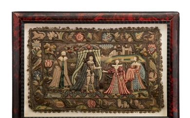 STUMPWORK CUSHION COVER SAID TO REPRESENT KING SOLOMON RECEIVING THE QUEEN OF SHEBA, MID-17TH CENTURY