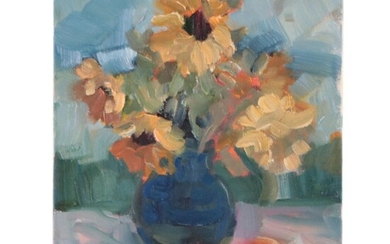 Sally Rosenbaum Still Life Oil Painting "Sun Flowers," 21st Century