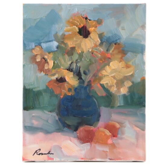 Sally Rosenbaum Still Life Oil Painting "Sun Flowers," 21st Century