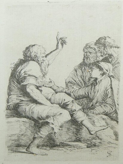 Salvator Rosa, Italian 1615-1673- Men talking; etching, with artist's monogram within the plate, 14.8 x 19.4 cm.: After Dante Gabriel Rossetti, British 1828-1882- Study of a woman with flowers; lithograph, 33.5 x 24.5 cm.: John Cousen, British...