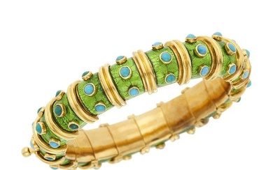 Schlumberger Paris Gold, Lime Green Paillonné Enamel and Turquoise Bracelet