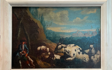 Scuola dell'Italia settentrionale del secolo XVIII "Cacciatore con armenti" olio su tela (cm 29x40) in cornice (difetti e restauri)