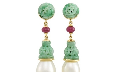 Seaman Schepps Pair of Gold, Carved Jade, Ruby Bead and Cultured Pearl Pendant-Earclips