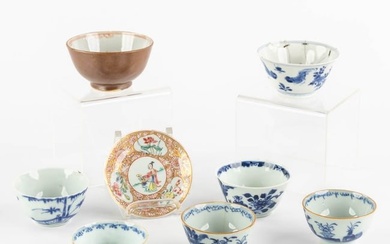 Seven cups and a saucer, Chinese porcelain, Kangxi, Yongzheng and Qianlong period. 18th C. (H:4,5 x