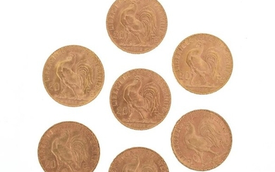 Seven gold coins of 20 FF Coq