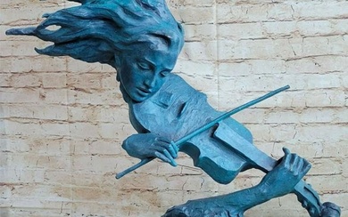Signed Abstract Bronze Sculpture, Lady Playing Violin