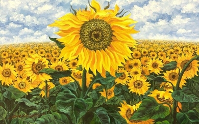 Signed Sunflower Field Acrylic on Canvas