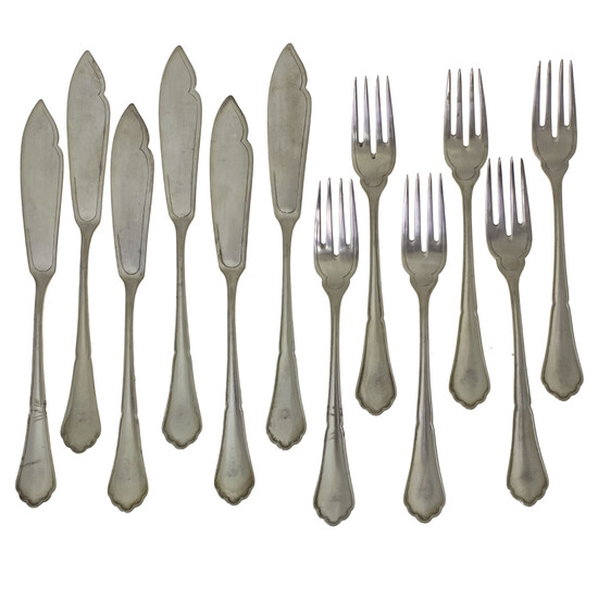 Silver Fish Flatware Cutlery Set, 12 pcs, 20th Century.