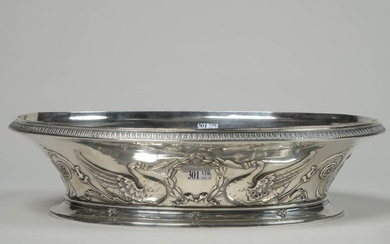 Silver oval planter decorated with "Swans holding a...