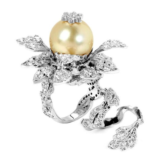 Stambolian Affection Pearl Diamond Gold Tremble Ring