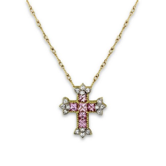 Stambolian Yellow Gold and Pink Sapphire Diamond Cross