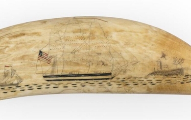 POLYCHROME SCRIMSHAW WHALE'S TOOTH WITH AMERICAN-FLAGGED SHIP Mid-19th...
