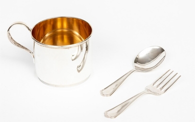 Sterling Silver Baby Set Featuring A Baby Cup And Feeing Fork And Spoon