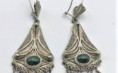 Sterling Silver Filigree Earrings with Green Jade