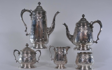 Sterling silver five piece hand chased teaset.