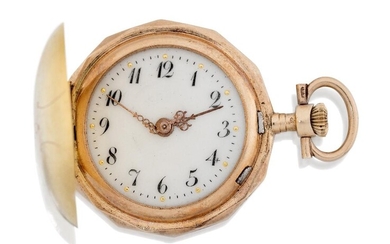 Swiss. A gold diamond-set fob watch with cylinder escapement, Circa 1880 the cream dial with painted Arabic numerals and gold foliate hands, keyless wind cylinder escapement, 14ct gold hinged case set with one brilliant-cut diamond and small...