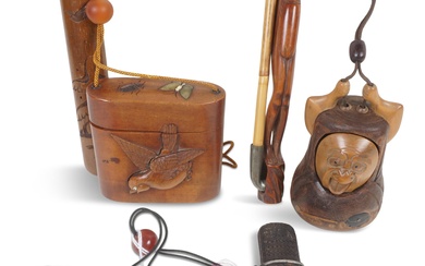 THREE JAPANESE KISERUTSU (PIPE CASES), WITH TWO INRO AND A MOLDED LEATHER PURSE