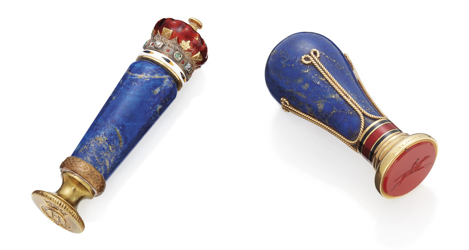 TWO ENAMELLED GOLD-MOUNTED HARDSTONE DESK-SEALS, THE FIRST APPARENTLY UNMARKED, FIRST QUARTER 20TH CENTURY; THE SECOND LATE 19TH CENTURY
