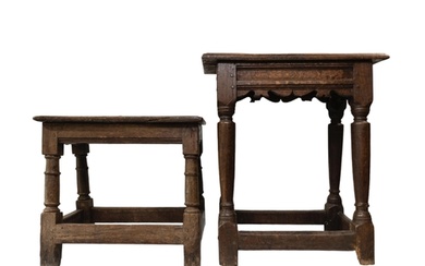 TWO OAK JOINT STOOLS, 18TH CENTURY, both with moulded seat p...