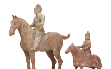 TWO PAINTED POTTERY FIGURES OF HORSES AND RIDERS NORTHERN WEI AND TANG DYNASTY (AD 386-907)