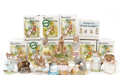 Ten Beswick Beatrix Potter figures with boxes including Tayl...