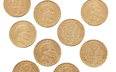 Ten Uruguay gold 5 peso coins, 1930