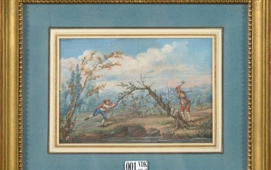 "The Lumberjack's Work" gouache on paper. Anonymous. French school. Period: 18th century. (Small tears). Size: 11,5x17cm.