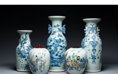 Three Chinese celadon-ground blue and white vases and two fa...