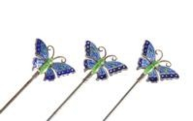Three matching Art Nouveau silver and enamel butterfly