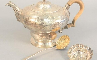 Three piece lot Georgian silver, teapot with wood