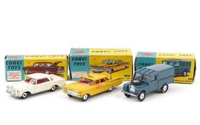 Three vintage Corgi Toys diecast vehicles with boxes compris...