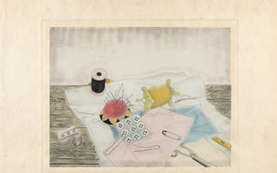 Tsuguharu Foujita ( Tokyo 1886 - Zurigo 1968 ) , "Nature morte aux fils et aux boutons" 1929 colour etching cm 43x53 (sheet) Signed lower left and numbered EA